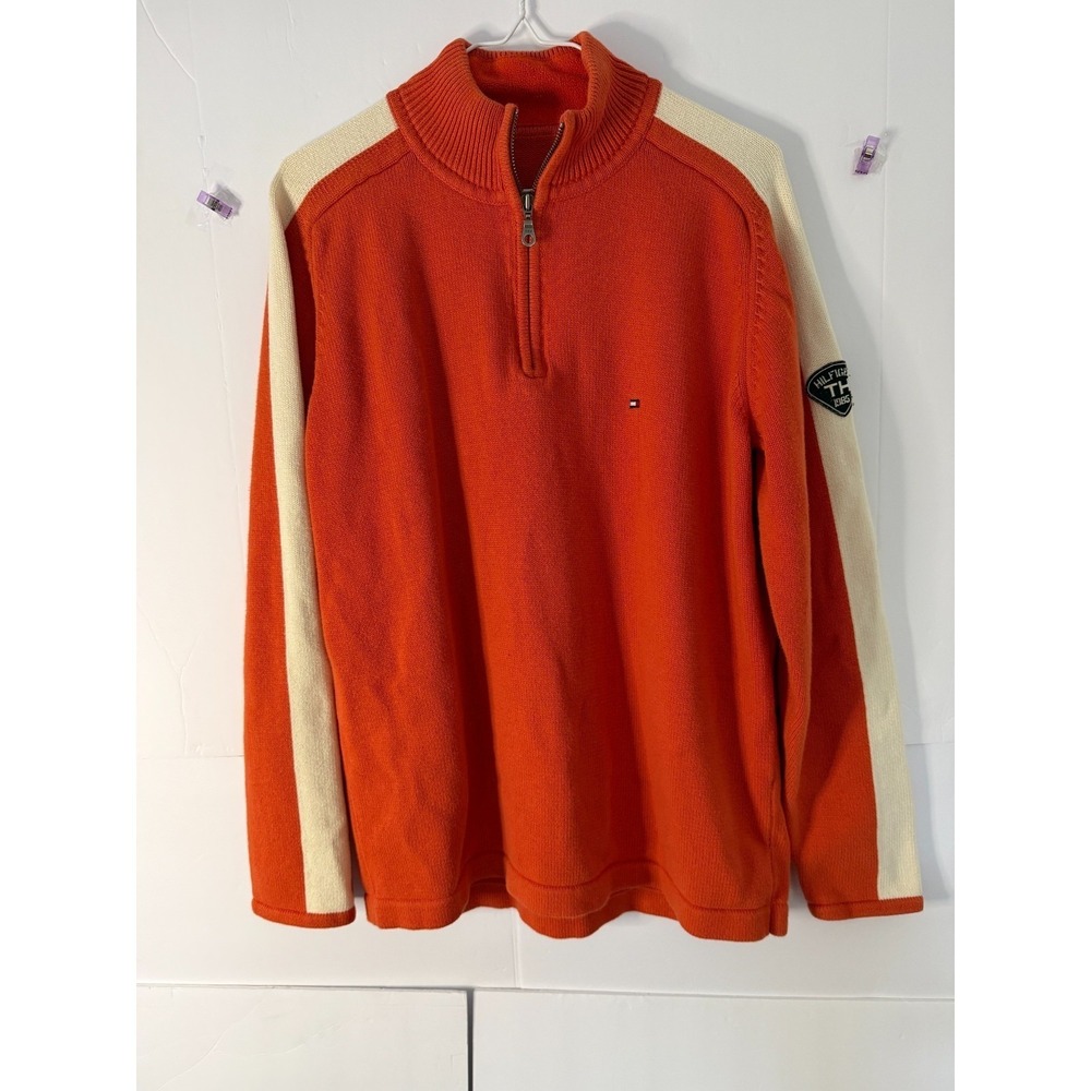 Tommy Hilfiger Mens Orange Quarter Zip Sweater‎ Cream Stripe Cotton Large